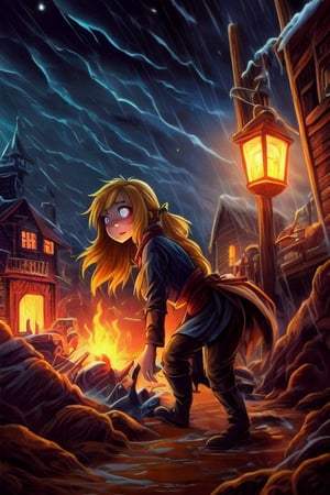 1990s book cover for a  juvenile cartoon horror with letters that look like melted wax for "Grim Night, by J.R. Ghostwood" a young woman of 14 with short strawberry blonde hair tied up in messy ponytails and ember eyes armed with an Epee and miner's lanterns in cold barren island 1850s town at night during a terrible storm who is being hunted by Vampires,fantasy00d