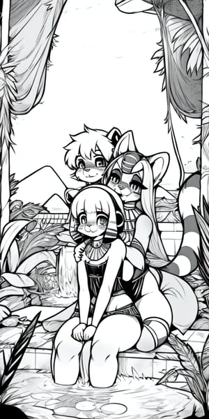 An injured happy female red_panda sitting in a Sami-Egyptian slum with her anubian_jackal boyfriend, line_art, Black_and_white, manga, 1_page, happy, boyfriend, hand_holding, hugging, ancient_egypt, egyptian loli (surio), loin_cloth, golden_jewelery, protected, sit, fountain, holding_knees, jungle, foliage, love, curvy_figure, b&w, ruin, high_res, friendship, afraid