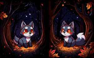 Comic_Strip, a cute scared wolf pup lost in a forest, autumn_leaves, wolf, chibi, night, spooky,cute00d
