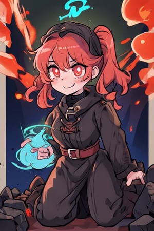 a cute and cheerful female Welsh 13th-century grave digger during the black plague with short strawberry blonde hair and ponytails and glowing ember eyes casting ghostly fire magic with an old magical miners lamp, in a haunted mountain town. kawaii, plague doctor