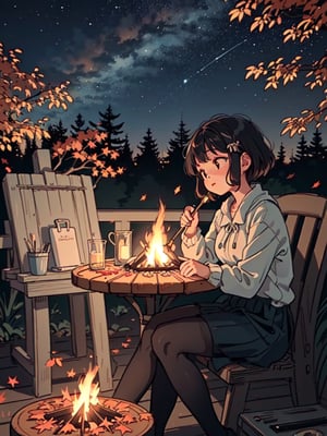 1930s (style), a loli girl in an Adirondack lean-to roasting marshmallows over a campfire looking up at a stary night surrounded by maple trees, Sketch, autumn_leaves, star_(sky),Lofi,LOFI,cassdawnlvl1,day,EpicArt