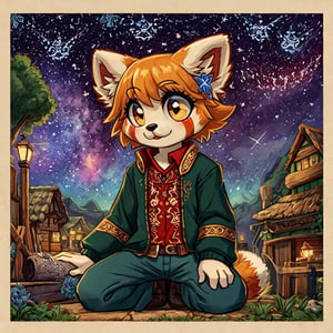 1930s (style), kawaii, a full-body portrait of an anthropomorphic male golden retriever with red panda fur markings fursuit, with glowing celestial constellation face tattoos wearing a bohemian-style outfit, with a mix of Yakut and Sami symbolism embroidered on his shirt, surrounded by the rustic beauty of a Welsh village, complex lighting and shadows,FFIXBG