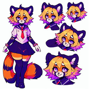 (CharacterSheet:1), sexy,red_panda,school_girl, lavender_hair, blue_eyes, anthromorph, high_resolution, digital_art, cute_fang, golden_jewelry, messy_hair, curvy_figure, body scars,school_uniform, (multiple views, full body, upper body, reference sheet:1), back view, front view,(white background, simple background:1.2),(dynamic_pose:1.2),(masterpiece:1.2), (best quality, highest quality), (ultra detailed), (8k, 4k, intricate), (50mm), (highly detailed:1.2),(detailed face:1.2), detailed_eyes,(gradients),(ambient light:1.3),(cinematic composition:1.3),(HDR:1),Accent Lighting,extremely detailed,original, highres,(perfect_anatomy:1.2),  