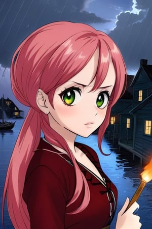  a young woman of 14 with short strawberry blonde hair tied up in messy ponytails and ember eyes armed with an Epees in cold barren island 1850s town at night during a terrible storm who is being hunted by Vampires, masterpiece, best quality,comic_book_cover, lycanthrope, amber_eyes, windy, raining, pink_hair,Extremely Realistic,3d style,sugar_rune