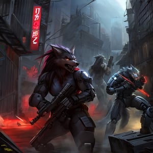 Robotic Werewolves battling a army of cyborg zombies in a deserted city, Cyborg, lycanthrope, long_hair, furry, animal_tail, anthro, zombies, surprise, fangs,sex robot,motoko2045wz, shotgun, warzone, werewolf 