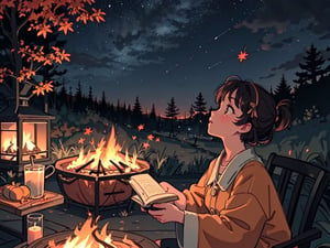 1930s (style), a girl roasting marshmallows over a campfire looking up at a stary night surrounded by maple trees, Sketch, autumn_leaves, star_(sky),Lofi,LOFI,cassdawnlvl1,day,EpicArt