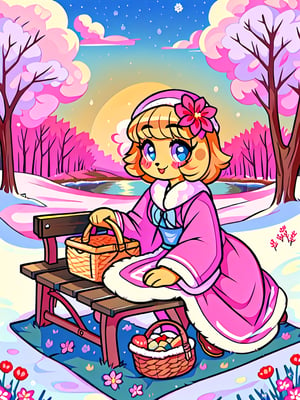 Solo_female,1930s (style), kawaii, outdoor, high_resolution, digital_art,|,a flowery field on a cold winter afternoon next to a brook| old blankets, bench, picnic, ruck_sack, basket, sack|,vectorstyle