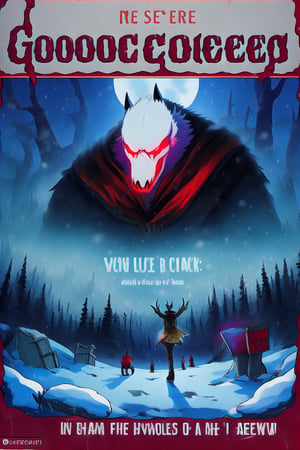 Create a captivating and whimsical 1950s movie poster for a 1920s juvenile horror/humor novel titled "The Howl of the Wendigo," part of the series "The Wolves of Blood Creek" by J.R. Ghostwood.

Key Elements:

Setting: A snowy landscape with a hint of eerie moonlight, conveying the chilling winter atmosphere.

Characters: Include the main characters, Sagie, Lavie, and Birdie, standing united against the backdrop of the menacing Wendigo's eyes in the storm.

Wolves: Showcase the Blood Creek wolves, emphasizing their pack dynamic and unique personalities.

Humor and Horror: Infuse a balance of humor and horror elements to reflect the book's dual genre, perhaps through the expressions and interactions of the characters.

Title and Series: Clearly highlight "The Howl of the Wendigo" as the title, and "The Wolves of Blood Creek" as the series, with the author's name, J.R. Ghostwood.

Feel free to play with color schemes, lighting effects, and visual elements that resonate with a juvenile horror/humor theme