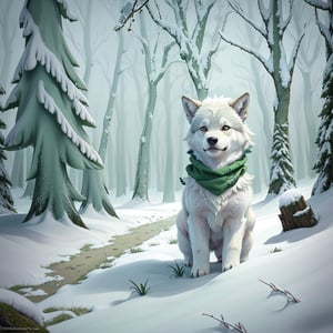 A small, trembling wolf pup with shaggy fur the color of sage green, lost in a foggy and haunted snow covered forest. Its eyes dart around nervously, searching for a way out. Suddenly, it spots a graveyard in the distance, sending shivers down its spine. The pup clutches onto its old, tattered green neck bandana for comfort, but it knows it's in for a spooky adventure.