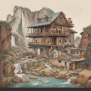 The Happy Bones Orphanage, a dilapidated two-story Shotgun house with peeling paint and shattered windows, perched on the edge of a rugged canyon overlooking a cascading waterfall, kawaii, 1930s (style),isometric,ChineseWatercolorPainting