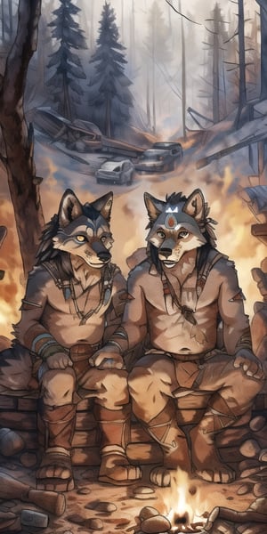 A pack of male and female wolves sitting around a fire in an abandoned mining town surrounded by evergreens, with native American markings, indian art, non-furry