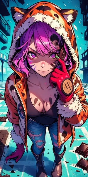 mater piece, beautiful girl in an abandoned town, red_panda, paw_gloves, Fur_boots, animal_marking, face_paint, chocolate_hair, violet_eyes, furry_jacket,yofukashi background, zombies,hinata