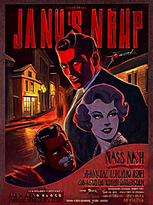 a 1950s paranormal 1920s gangster murder mystery movie poster "Janus Nash and a Haunted New Year. Series: The Ghosts of Lucille", a cold creepy snow-covered town, the shadowy-faced wolf hiding in the shadows with a scared beautiful young red-headed female, fox, jazz singer ghost in the distance path, accentuated black lines, 8k resolution, professional, unsettling shadows,