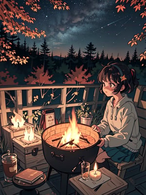 1930s (style), a loli girl in a Adirondack lean-to roasting marshmallows over a campfire looking up at a stary night surrounded by maple trees, Sketch, autumn_leaves, star_(sky),Lofi,LOFI,cassdawnlvl1,day,EpicArt