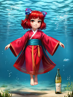 1girl, solo,bottle, simple background, arms behind back,looking at viewer, kimono, full body,minigirl,gib\(concept\),submerged, underwater, floating hair, red hair, 