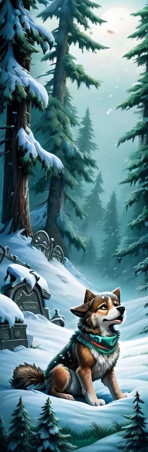 Masterpiece, A small, trembling wolf pup with shaggy fur the color of sage green, lost in a foggy and haunted snow covered forest. Its eyes dart around nervously, searching for a way out. Suddenly, it spots a graveyard in the distance, sending shivers down its spine. The pup clutches onto its old, tattered green neck bandana for comfort, but it knows it's in for a spooky adventure.