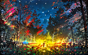a campfire surrounded by fall maple trees on a star-filled  night Sketch, autumn_leaves, star_(sky),Lofi