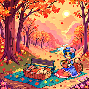 Solo_female,1930s (style), kawaii, outdoor, high_resolution, digital_art,|,a flowery field on a cool autumn afternoon next to a brook| old blankets, bench, picnic, ruck_sack, basket, sack|,vectorstyle