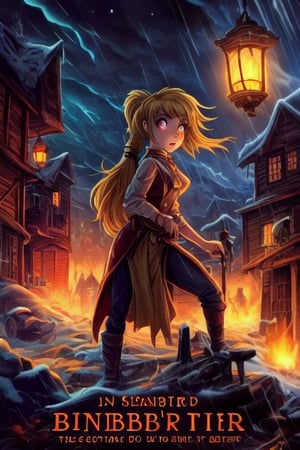 1990s book cover for a  juvenile cartoon horror with letters that look like melted wax for "Grim Night, by J.R. Ghostwood" a young woman of 14 with short strawberry blonde hair tied up in messy ponytails and ember eyes armed with an Epee and miner's lanterns in cold barren island 1850s town at night during a terrible storm who is being hunted by Vampires,fantasy00d