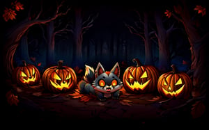 Comic_Strip, a cute scared wolf pup lost in a haunted forest, autumn_leaves, wolf, chibi, night, spooky,cute00d,Jack o 'Lantern