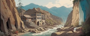 The Happy Bones Orphanage, a two-story Shotgun house with peeling paint and shattered windows, perched on the edge of a rugged canyon overlooking a cascading waterfall, kawaii, 1930s (style),isometric,ChineseWatercolorPainting,oil painting