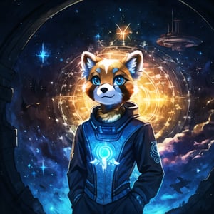 Galali, a male kawaii furry suit of a red panda golden retriever hybrid with glowing celestial constellation markings fully body portray wearing a bohemian space suit, with Sami symbolism embroidered on his shirt, surrounded by the dieselpunk space station orbiting Uranus, complex lighting and shadows, Cute and fluffy, Brass jewelry, shiny, sunlight fractal details, depth of field, detailed gorgeous face, Sci-Fi environment, natural body posture, professional photographer, captured with professional DSLR camera, 64k, ultra-detailed, ultra-accurate detailed, bokeh lighting, surrealism, ultra unreal engine, intricate, epic,fantasy_princess,Circle,outfit