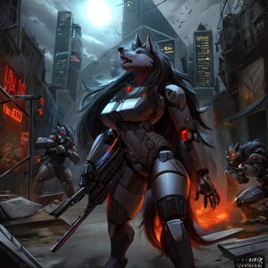 Robotic Werewolves battling a army of cyborg zombies in a deserted city, Cyborg, lycanthrope, long_hair, furry, animal_tail, anthro, zombies, surprise, fangs,sex robot,motoko2045wz, shotgun, warzone, werewolf 