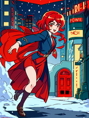 1930s (style),paranormal, gangster, mystery, movie, ,retro style,alex benedetto,yofukashi background, snow, cityscape, red_hair, coat, afraid, running, back_to_viewer, dress, nighttime