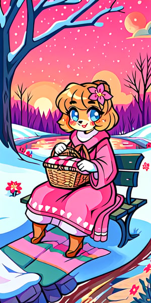 Solo_female,1930s (style), kawaii, outdoor, high_resolution, digital_art,|,a flowery field on a cold winter afternoon next to a brook| old blankets, bench, picnic, ruck_sack, basket, sack|,vectorstyle