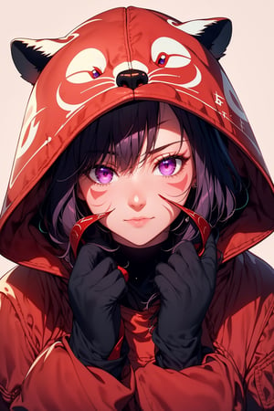 beautiful girl in a fantasy town, red_panda, paw_gloves, Fur_boots, animal_marking, face_paint, chocolate_hair, violet_eyes