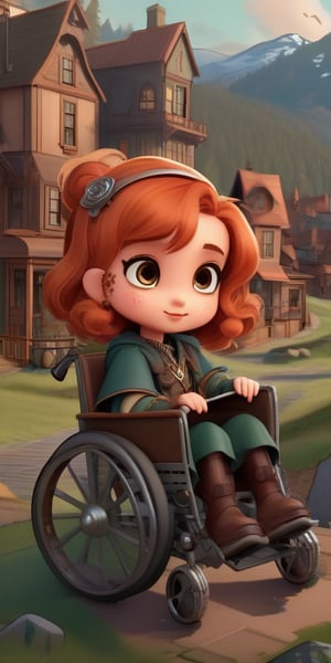 1930s (style), kawaii, chibi, a young shy young copper-haired girl in a wheelchair with a metal leg brace on her left leg, surrounded by a haunted 1920s Oregon mountain town, nestled in the cliffs, ,MetalAI,3d style,xxmixgirl,steampunk style,lofi