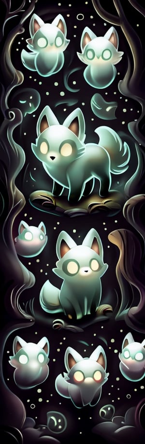 a cute scared wolf pup with sage colored fur lost in a haunted foggy forest, Chibi, sage, fog, ghosts,forest