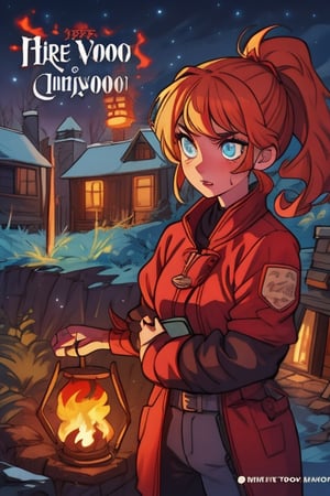 1990s book cover for a  juvenile cartoon horror with letters that look like melted wax for "Grim Night, by J.R. Ghostwood" a young woman of 14 with short strawberry blonde hair tied up in messy ponytails and ember eyes armed with an Epee and miner's lanterns in cold barren island 1850s town at night during a terrible storm who is being hunted by Vampires,ppcp, amber_eyes, colorful_hair, eye_glow