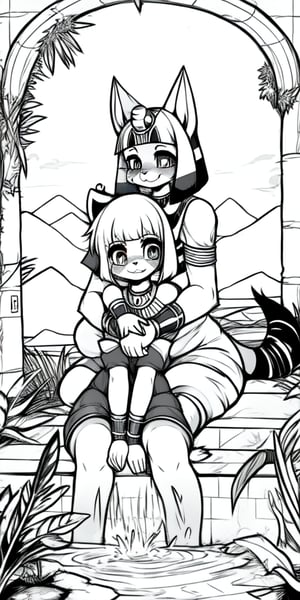An injured happy female red_panda sitting in a Sami-Egyptian slum with her anubian_jackal boyfriend, line_art, Black_and_white, manga, 1_page, happy, boyfriend, hand_holding, hugging, ancient_egypt, egyptian loli (surio), loin_cloth, golden_jewelery, protected, sit, fountain, holding_knees, jungle, foliage, love, curvy_figure, b&w, ruin, high_res, friendship, afraid, mountains, cute_fangs, injured