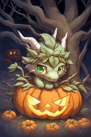 a cute fuzzy emerald dragon dog, witch made of vines, pumpkins, and dandelions, hiding in a spooky pumpkin patch on halloween night, Halloween, chibi, cartoon, cutedragon,urara_shiraishi