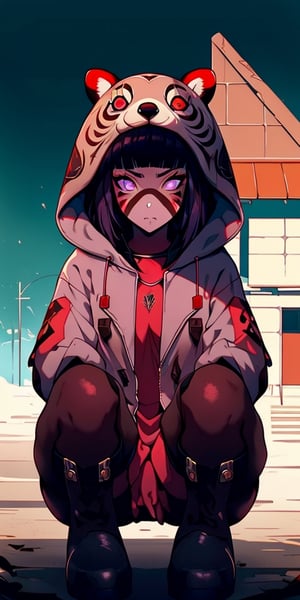 beautiful girl in an abandoned town, red_panda, paw_gloves, Fur_boots, animal_marking, face_paint, chocolate_hair, violet_eyes, furry_jacket,yofukashi background, zombies,hinata