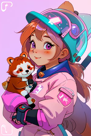 An adorable and silly female red panda in a space suit with pink hair and purple and a sci-fi brass fantastical telescope, cute, storybook illustration, white background, dieselpunk. 