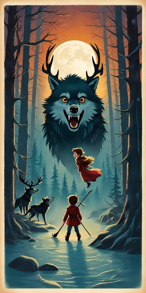 Create a captivating and whimsical 1950s movie poster for a 1920s juvenile horror/humor novel titled "The Howl of the Wendigo," part of the series "The Wolves of Blood Creek" by J.R. Ghostwood.