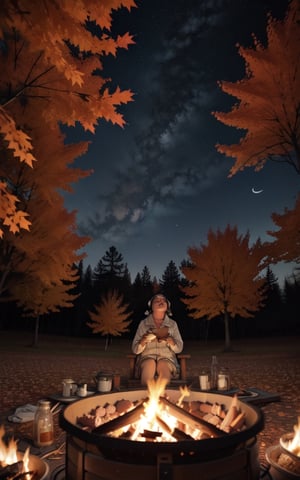 1930s (style), a loli girl roasting marshmallows over a campfire looking up at a stary night surrounded by maple trees, Sketch, autumn_leaves, star_(sky),Lofi,LOFI,cassdawnlvl1,day,EpicArt