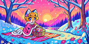 Solo_female,1930s (style), kawaii, outdoor, high_resolution, digital_art,|,a flowery field on a cold winter afternoon next to a brook| old blankets, bench, picnic, ruck_sack, basket, sack|,vectorstyle