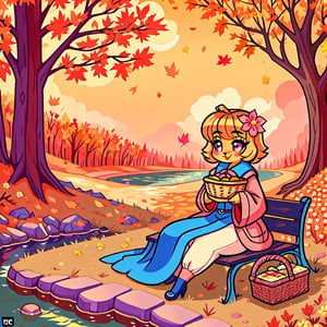 Solo_female,1930s (style), kawaii, outdoor, high_resolution, digital_art,|,a flowery field on a cool autumn afternoon next to a brook| old blankets, bench, picnic, ruck_sack, basket, sack|,vectorstyle