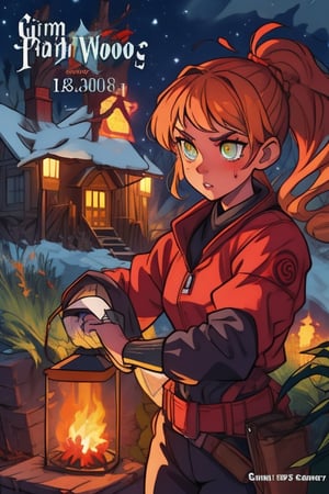 1990s book cover for a  juvenile cartoon horror with letters that look like melted wax for "Grim Night, by J.R. Ghostwood" a young woman of 14 with short strawberry blonde hair tied up in messy ponytails and ember eyes armed with an Epee and miner's lanterns in cold barren island 1850s town at night during a terrible storm who is being hunted by Vampires,ppcp, amber_eyes, colorful_hair