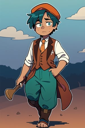 adult water coloring illustration, a young shy crippled boy named Janus with messy muddy brown hair wearing teal green newsboy cap, stormy eyes, limping using a long heavily walnut crook, a men's steel blue wool lounge jacket embroidered with Sami symbolism, brown bohemian vest, and orange Ascot, worn-out tan tweed pants hiding his left leg brace, walking a cuddly and fluffy white retriever pup, surrounded by the rustic beauty city, chibi-kawaii style