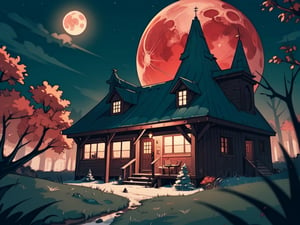 1930s (style), A haunted Adirondack lean-to surrounded by fall ghoulish maple trees on a spooky star filled night under a blood moon