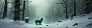 Masterpiece, A small, trembling wolf pup with shaggy fur the color of sage green, lost in a foggy and haunted snow covered forest. Its eyes dart around nervously, searching for a way out. Suddenly, it spots a graveyard in the distance, sending shivers down its spine. The pup clutches onto its old, tattered green neck bandana for comfort, but it knows it's in for a spooky adventure.,chibi