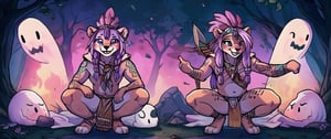 Comic_Strip, Furry,(masterpiece, best quality, ultra-detailed, 8K),(picture-perfect face, freckles, blush,(perfect female body, ), slim, native American shaman, hourglass body shape, goddess, charming,  alluring, seductive_pose, enchanting, makeup, fantasy, artic, lavender_hair, leather parka, sexy, loin_cloth, tribal, braids, bow and arrow, hunting, grey_wolf, animal_tail, tattoos, crouched, cute_fang, happy, ghosts