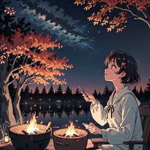 1930s (style), a loli girl roasting marshmallows over a campfire looking up at a stary night surrounded by maple trees, Sketch, autumn_leaves, star_(sky),Lofi,LOFI,cassdawnlvl1,day,EpicArt