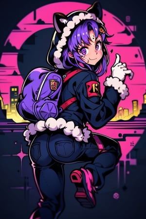 mater piece, beautiful girl in an abandoned zombie filled city, red_panda, paw_gloves, Fur_boots, animal_marking, face_paint, chocolate_hair, violet_eyes, furry_jacket,yofukashi background, zombies,hinata,1990s \(style\),kusanagi motoko,city,chundef, action_pose, battle_stance, back_pack,running,teenage , ripped_clothing, bloody_clothes, sweatpants,Circle