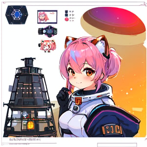 Gallia, an adorable and silly female red panda in a space suit with pink hair and purple and a sci-fi brass fantastical telescope, cute, storybook illustration, Character sheet, white background, dieselpunk,furry