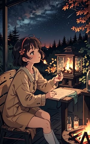 1930s (style), a loli girl roasting marshmallows over a campfire looking up at a stary night surrounded by maple trees, Sketch, autumn_leaves, star_(sky),Lofi,LOFI,cassdawnlvl1,day,EpicArt